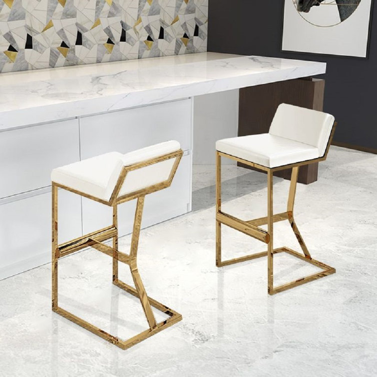 Everly Quinn White Genuine Leather Bar Stool & Counter Stool Gold Legs